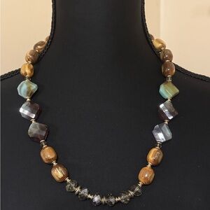 Chico’s Statement Beaded Necklace 22” + Extender Neutral Earth Tones